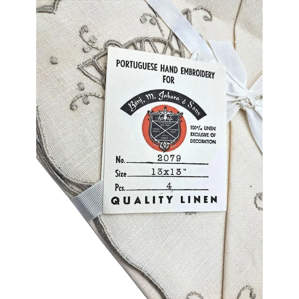 Vintage‎ Benj. M. Jabara & Sons Portuguese Hand Embroidery Linen Table Set Cream